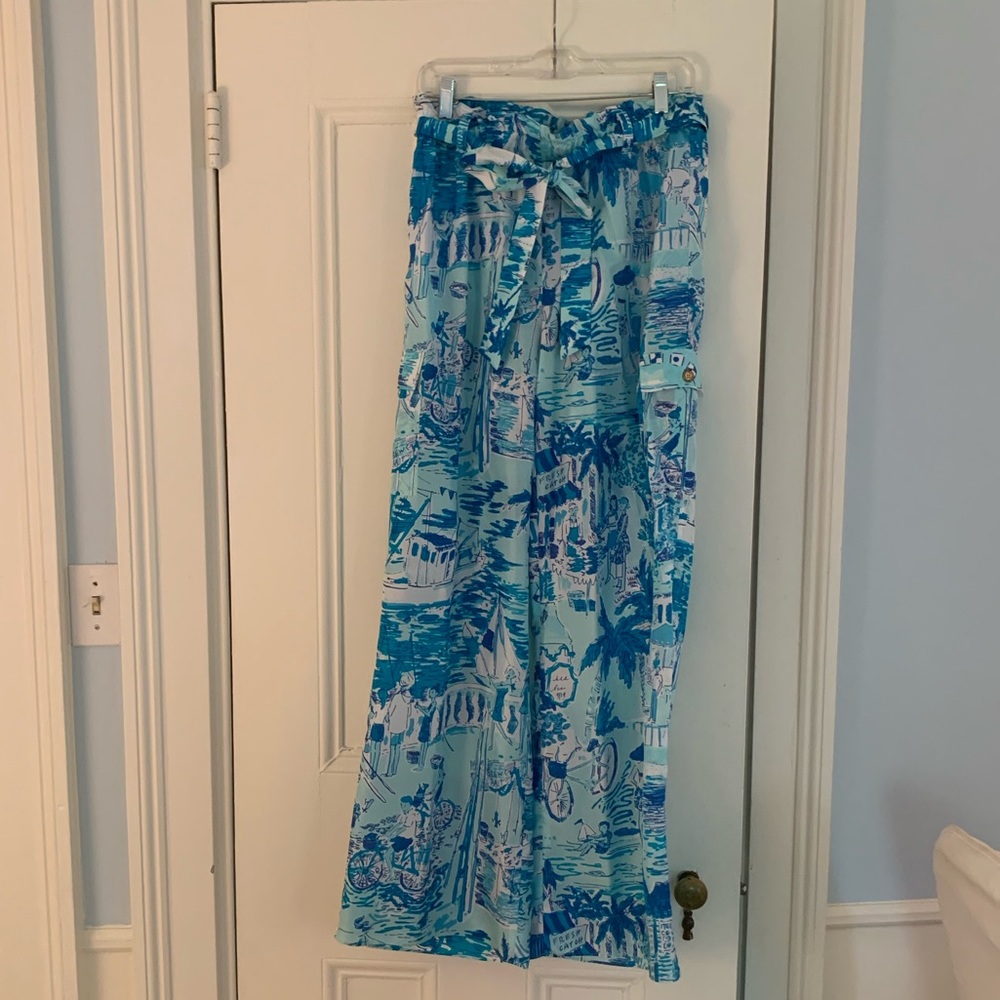 Lilly Pulitzer Silk Cargo Palazzo Pants w tie belt